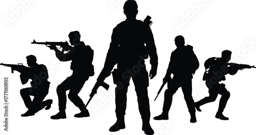 Silhouette of armed soldiers in tactical combat poses, military team with weapons, special forces unit training, war concept illustration background