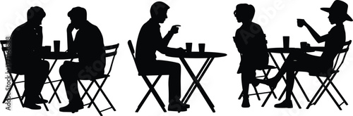 Silhouette people sitting at café tables, social interaction, conversation, communication, teamwork, business meeting, friendship, lifestyle, leisure, dining, discussion