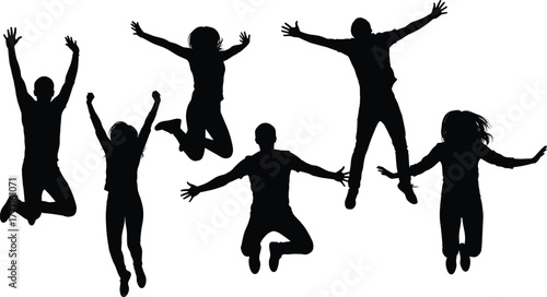 Silhouette group of people jumping in air, celebrating success, teamwork energy, happiness, freedom, unity, motivation, lifestyle, fitness, joy