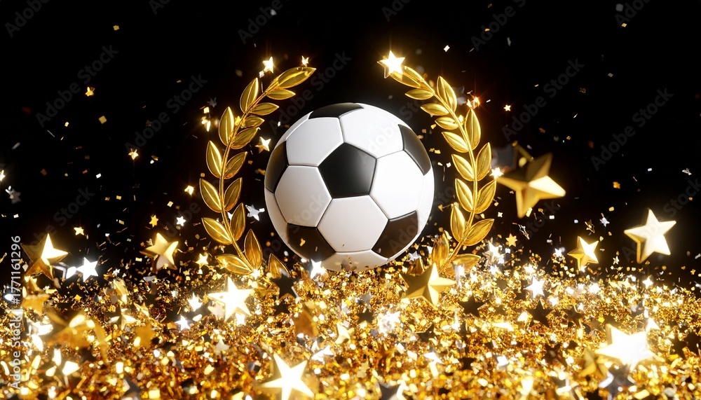 Fototapeta premium Soccer Award Background with Golden Wreath and Glitter サッカーアワード背景 金の月桂冠とボール 勝利と優勝のイメージ