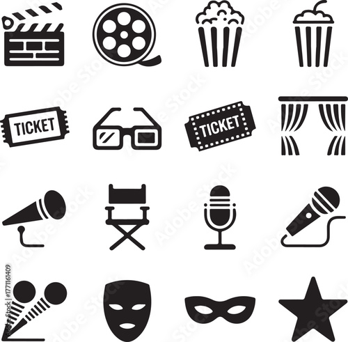 Movie theater icons clapperboard film reel