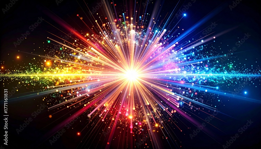 Obraz premium Colorful Light Particles Explosion Starburst Background 黒背景に、カラフルな七色の光と粒子の爆発の背景 デジタルイラスト