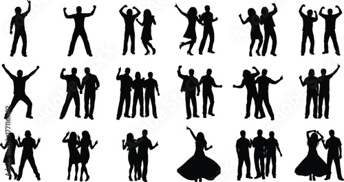 Silhouette dancers in motion, energetic dance poses, couple choreography, modern performance art, expressive movement, black figures, creative design illustration