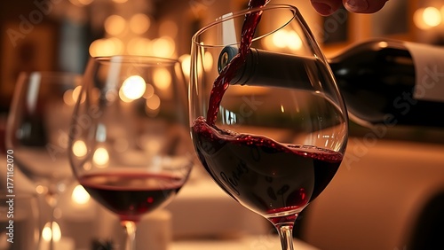 Red wine pouring into glasses, elegant dining atmosphere closeup.