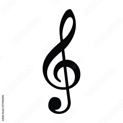 Bold black treble clef symbol on white background