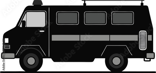 Illustration of a black van with a boxy shape and tinted windows, parked in profile on a white background, conveying a sleek, minimalist design.