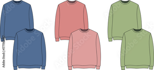 Crewneck sweater illustration, long sleeve fashion template, flat design apparel, casual clothing mockup, pastel color knitwear, garment sketch, stylish pullover, vector outfit layout