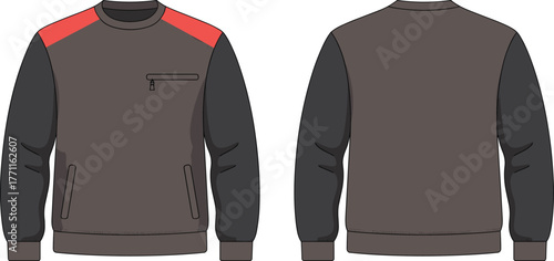 Modern long sleeve sweatshirt, dark base color, red shoulder panels, front zippered chest pocket, vertical waist pockets, ribbed cuffs, ribbed waistband, plain back design, apparel fashion