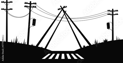 Black and white silhouette street scene, leaning utility poles, power lines symmetry, urban crosswalk design, graphic contrast illustration, traffic lights, minimal cityscape,