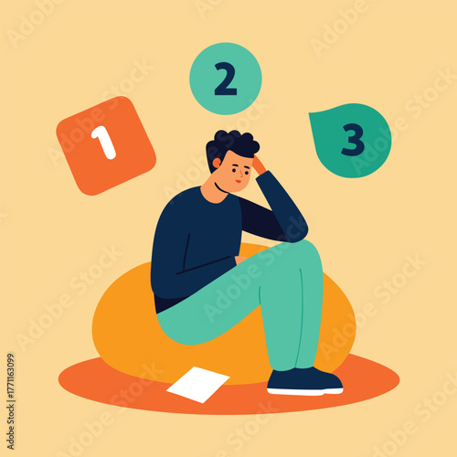 Illustration of a person sitting on a yellow beanbag, looking thoughtful. Three floating numbers, 1, 2, and 3, in colorful bubbles surround them.
