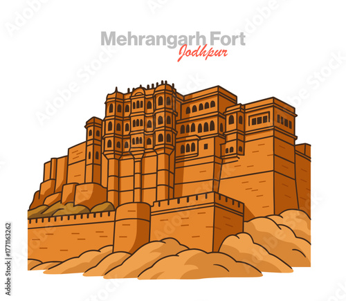 Mehrangarh Fort, Jodhpur—majestic sandstone citadel above the Blue City. Vector for Rajasthan travel, royal history, heritage education, culture guides and Indian architecture projects.