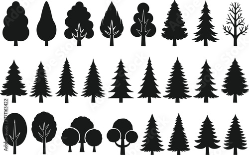 Set of different tree silhouettes isolated on white background, various forest and nature plant shapes, vector illustration for eco design and landscape art