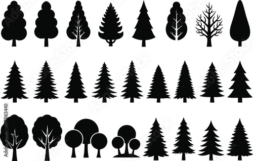 Set of different tree silhouettes isolated on white background, forest and nature vector illustration, eco friendly design elements for landscape, park, and garden