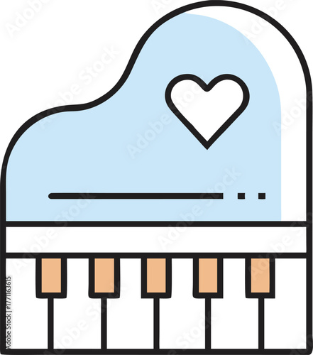 Illustration of a light blue baby grand piano with a heart on the lid. The piano keys are black and brown, conveying a sense of warmth and affection.