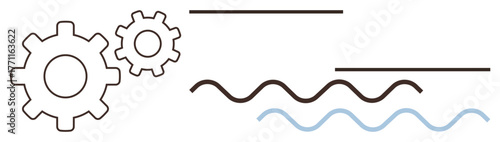 Two gears of different sizes beside straight and wavy lines visualizing systems, efficiency, and workflows. Ideal for concepts thumbs up process, teamwork, technology, organization, synchronization