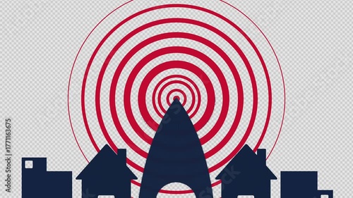 Earthquake animation with concentric circles radiating from houses, conveying disaster, destruction, and vulnerability, insurance commercials, safety measures