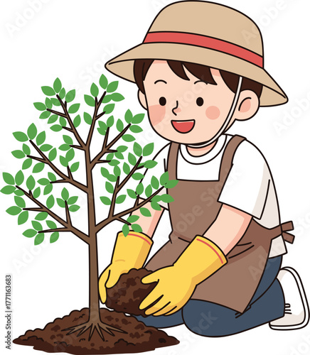 Smiling young gardener planting a small green tree with soil, wearing hat and gloves, environmental conservation concept, outdoor gardening illustration vector