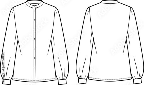 Women’s long sleeve blouse flat fashion sketch, front and back technical drawing of round neck button down shirt with cuff and loose sleeve design