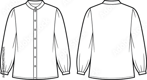 Women’s button down blouse flat fashion sketch, front and back technical drawing of mandarin collar long sleeve shirt with cuffs and simple elegant design