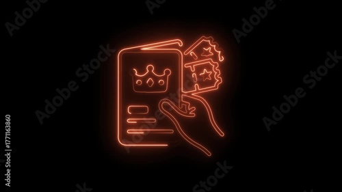 Hand holding royal event pass with tickets in orange neon style animation
