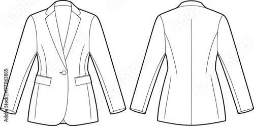 Women’s tailored blazer jacket fashion flat sketch, elegant fitted coat design template with notched lapel collar and pockets, vector apparel illustration