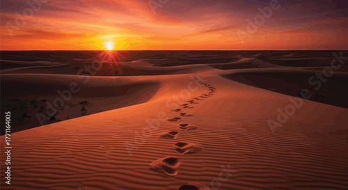 Footprints in the sand lead toward the setting sun over the desert dunescape