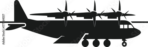 Fotografija Silhouette of a large propeller plane with four engines, depicted in a side view