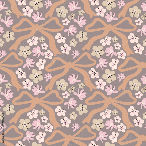 Valokuva Vector cute Coquette seamless pattern with ribbon bows and flowers