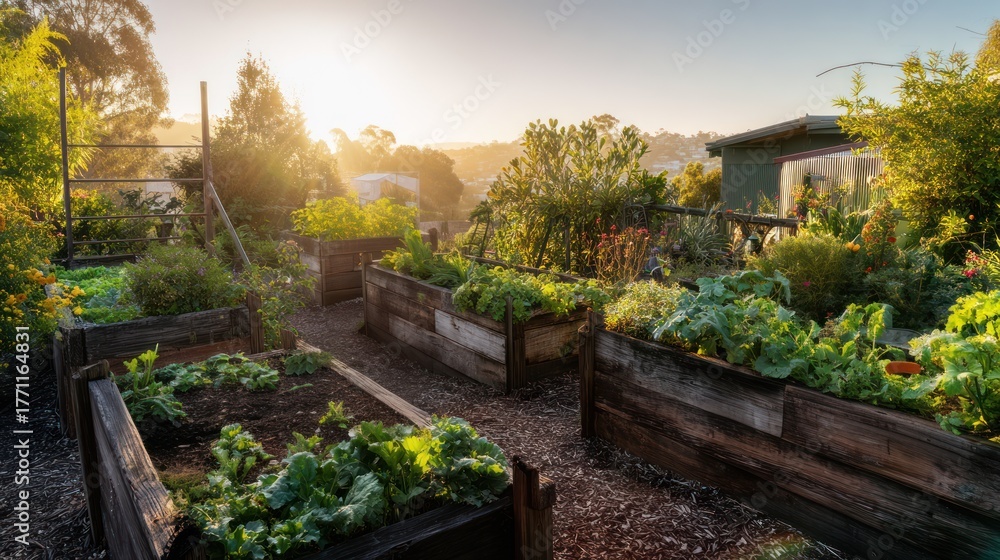 Fototapeta premium Raised beds in the farm, high beds for growing vegetables and greens, gardening and agriculture concepts, AI generated
