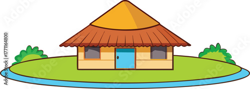 Illustration of a small round house with a thatched roof on green grass, surrounded by a narrow blue river. Bushes are in the background, giving a peaceful feel.