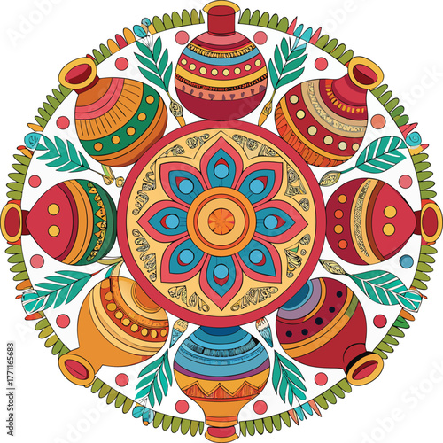 Colorful mandala with intricate floral patterns at the center, surrounded by ornate pots and leafy designs. The vibrant tones evoke a festive, artistic feel.