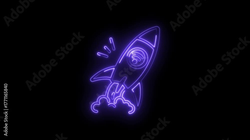 Neon style animated rocket ship launching with wifi symbol on black background