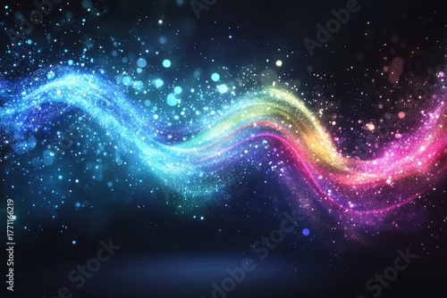 Fototapeta Naklejka Na Ścianę i Meble -  Wavy light trail sparkles, blue-to-pink, on dark space