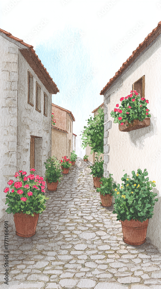 Fototapeta premium Explore a Charming Cobblestone Street Adorned with Colorful Flower Pots in a Picturesque Village Setting, Perfect for Nature Lovers and Travel Enthusiasts Seeking Scenic Beauty.