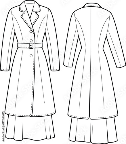 Long belted trench coat technical fashion flat sketch, elegant women’s outerwear design template with lapel collar and layered hemline, garment vector illustration