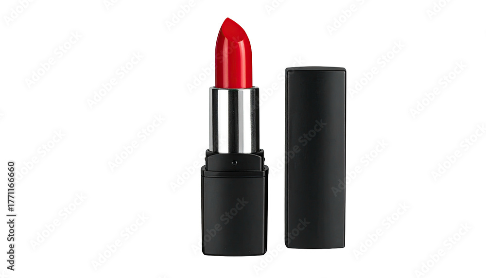 Fototapeta premium Vibrant red lipstick, sleek black case, on a dark background