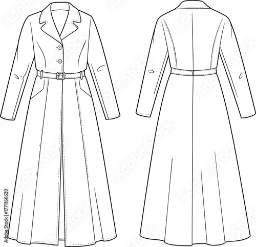 Long trench coat fashion flat sketch, women’s outerwear technical drawing with belt and buttons, elegant coat design template, garment outline illustration