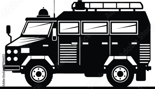 Silhouette of an armored vehicle with four wheels, large windows, and a roof rack. The design is bold and utilitarian, conveying strength.