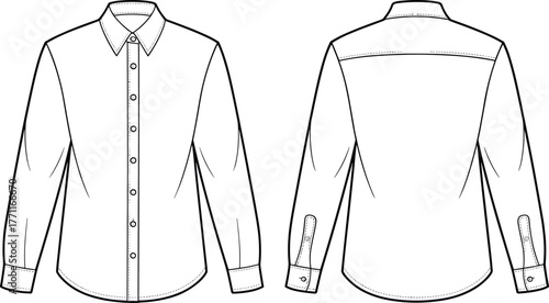Men’s classic long sleeve button down shirt flat fashion sketch, front and back technical drawing of formal collared shirt with cuff and seam details