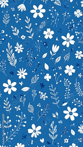 Botanical artwork with white flowers and leaves on a vibrant blue backdrop