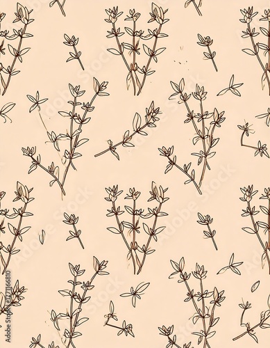 Botanical illustration of repeated floral sprigs on a peach background