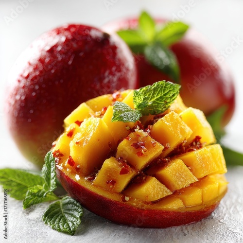 Fresh Mango Chunks with Chili Flakes and Mint Garnish, Tropical Fruit