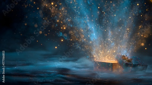Wallpaper Mural Mystical Gift Box Opening with Ethereal Golden Particles and Blue Fog Torontodigital.ca