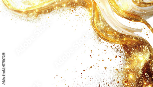 Glimmering gold liquid swirls against a stark black backdrop