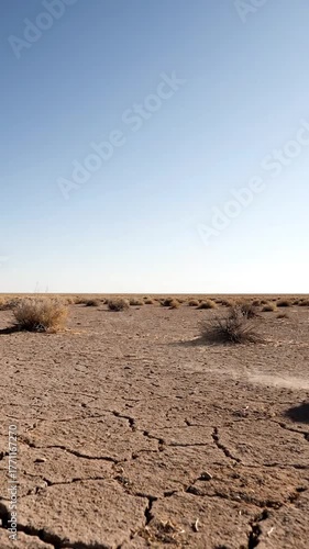 Dry Cracked Earth Under Clear Blue Sky with Tumbleweeds Rolling Across Arid Landscape