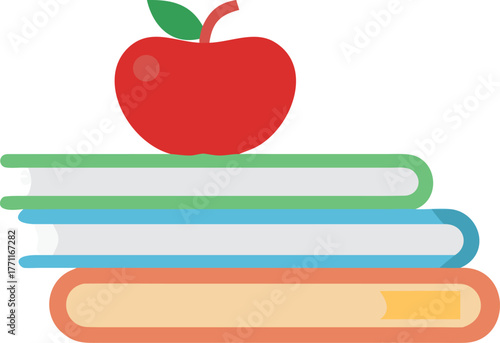 Illustration of a red apple atop three stacked books with green, blue, and orange spines. The image conveys education and learning themes.