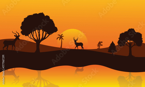 Landscape illustration of savanna wildlife with lake reflection
