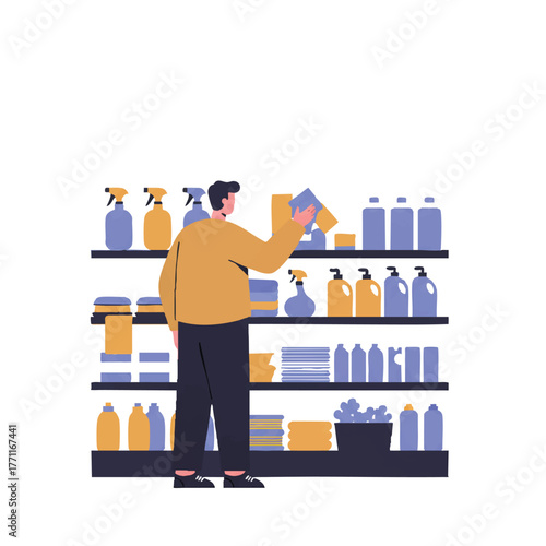 Flat 2D minimalistic illustration showing a cheerful man shopping for household cleaning supplies and maintenance tools in a supermarket aisle on a pure white background.