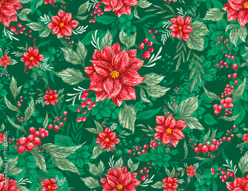 Hand Drawn Poinsettia Christmas Pattern | Botanical Red Flower and Berry Seamless Design for Holiday Season Green Background