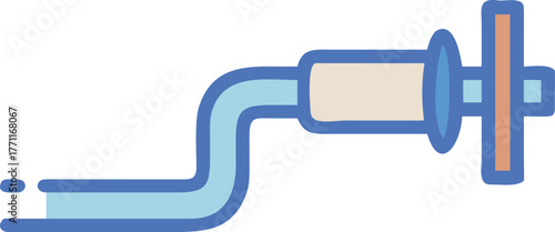 Illustration of a blue and beige drill with a hand-crank. The drill bit is pointed left, while the orange crank handle is on the right. Simple, clean design.